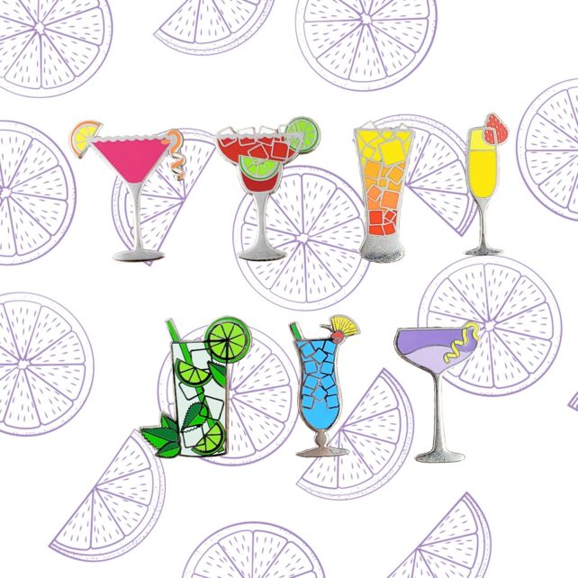 Cocktail Pin Collection of Cosmopolitan, Margarita, Tequila Sunrise, Mimosa, Mojito, Blue Hawaiian, and Aviation Cocktails